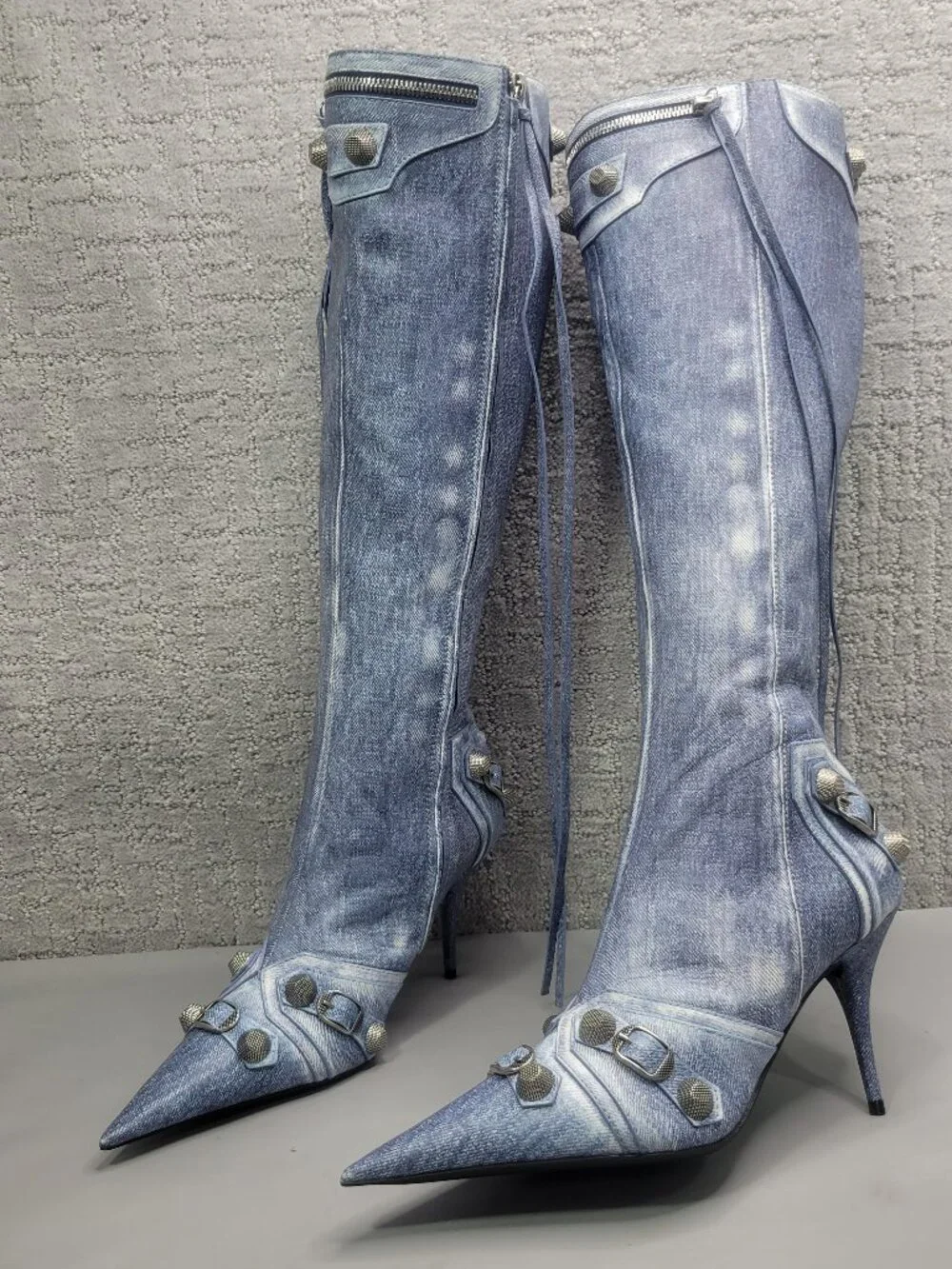Balenciaga Le Cagole Women's EU Size 41 Blue Denim Leather Stud Boots 771231